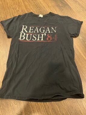 Black short sleeve graphic tee with front Reagan Bush '84 print.